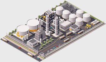 oil refinery facility, petroleum extraction process, isometric industrial plant, drilling rig operations, energy production site, fuel processing center, chemical manufacturing complex