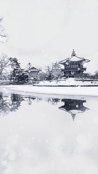 Namsan watercolor pagoda illustration, Seoul Tower ancient landscape, monochrome winter scene, watercolor snow-covered temple, Korean traditional architecture, serene water reflection, poetic winter scenery