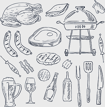 gas grill illustration, barbecue grilling fish, grill element, line art design, outdoor cooking elements, grilling accessories tools, monochrome culinary art