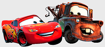 Lightning McQueen and Mater, Disney Cars characters, Pixar animated vehicles, Walt Disney World attractions, cartoon car duo, animated racing scene, tow truck and sports car duo