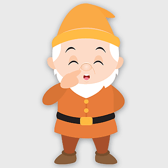 Snow White Sneezy, Seven Dwarfs cartoon, dwarf illustration, orange dwarf outfit, whimsical fairy tale character, magical fantasy art, classic Disney storybook