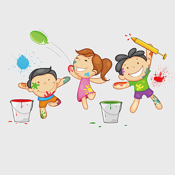 Holi festival drawing, children playing with colors, happy children's day graffiti, cartoon kids celebrating Holi, festive children art, playful kids illustration, colorful festival scene