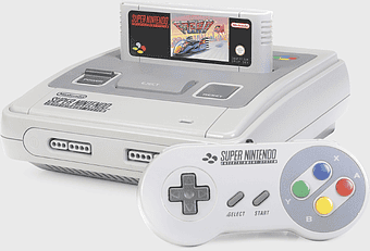 Super Nintendo Entertainment System Console, Super NES Classic Edition gaming, F-Zero SNES game cartridge, Donkey Kong SNES cartridge, Retro gaming console, Classic gaming accessories, Nintendo vintage gaming
