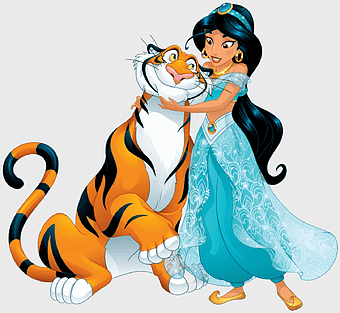Princess Jasmine and Rajah, Disney Princess Aladdin, cartoon tiger character, Jasmine with tiger, royal princess costume, animated fantasy art, magical kingdom characters