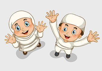 Muslim children waving, Islamic cartoon characters, Ramadan greeting illustration, hijab and kufi, Islamic family art, religious celebration, cultural festival depiction