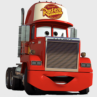 Rust-Eze trailer truck, Lightning McQueen Pixar character, Mack Trucks animated vehicle, Disney Cars franchise, animated freight transport, cartoon truck design, Pixar movie vehicles