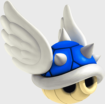Mario Kart shell, Koopa Troopa with wings, Super Mario Bros character, blue shell with wings, Nintendo gaming accessories, Mario series collectibles, video game memorabilia