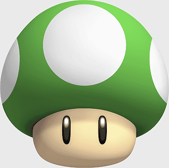 Super Mario 1UP mushroom, New Super Mario Bros Toad, super mushroom illustration, mario series character, video game power-up, cartoon mushroom art, gaming icon design