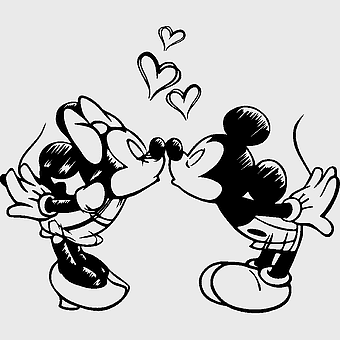 Minnie Mouse, Mickey Mouse, cartoon wedding, black and white, Disney characters, romantic illustration, classic animation, vintage art style