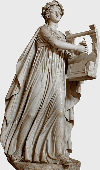 Apollo Citharoedus statue, Pio-Clementino museum sculpture, ancient Greek mythology art, stone carving monument, classical Roman figure, draped toga attire, lyre instrument detail
