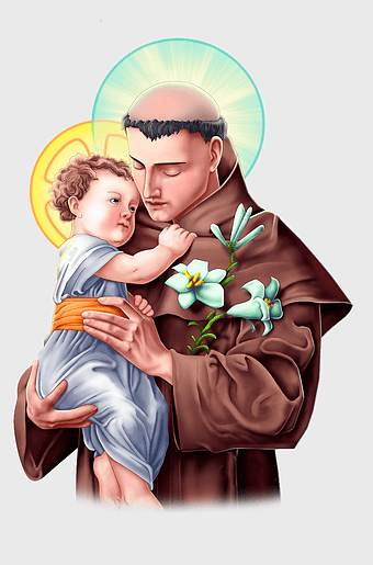 Saint Anthony of Padua, Holy card art, Child Jesus embrace, Patron Saint prayer, Religious iconography, Spiritual devotion, Franciscan monk illustration
