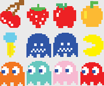 Pacman game, pixel art fruit, ghost characters, retro gaming, arcade snack items, classic video games, 80s arcade art, png
