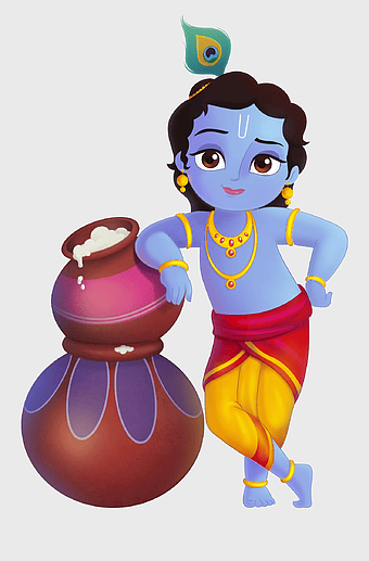 little Krishna cartoon, purple pot illustration, Hindu God animation, Radha Krishna Vrindavan, divine child art, spiritual character design, playful deity depiction