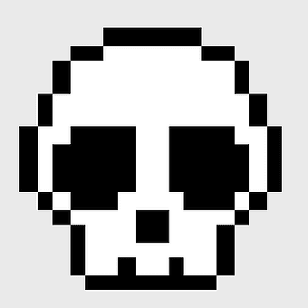 white skull pixel art, 8-bit color skull illustration, monochrome skull design, black and white skeleton icon, retro gaming graphics, digital art symbol, minimalist horror
