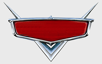 Cars 3 emblem, Lightning McQueen grille, Pixar automotive design, Dinoco logo, classic car front, animated vehicle detail, movie car iconography