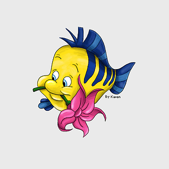 Little Mermaid Flounder, cartoon fish character, mythical sea creature, fantasy marine life, underwater adventure, animated ocean friend, colorful aquatic art