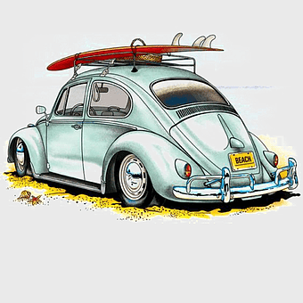 Volkswagen Beetle cartoon, Herbie the Love Bug, red surfboard on car, vintage car illustration, beach-themed car art, classic car with surfboard, retro vehicle design