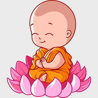 cartoon monk lotus seat, Vesak Buddha's Birthday illustration, Buddhist meditation cartoon, lotus position monk, spiritual cartoon character, peace and harmony art, enlightenment flower design