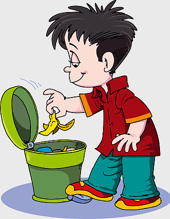 child throwing banana peel, cartoon boy disposing waste, recycling bin illustration, trash can with banana peel, proper waste disposal, eco-friendly habits, responsible behavior in children