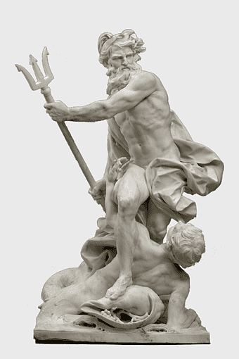 Neptune sculpture, classical art figurine, white stone carving, large-scale monument, mythological statue, ancient maritime deity, oceanic art piece