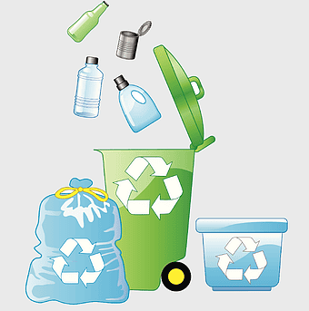 green wheelie bin, plastic bottle recycling, waste management illustration, recycling symbol design, sustainable waste disposal, eco-friendly trash solutions, green waste collection