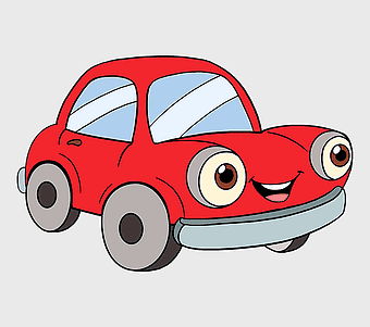cartoon car drawing, red compact car, vehicle caricature, smiley car illustration, animated car character, fun transportation art, whimsical automotive design