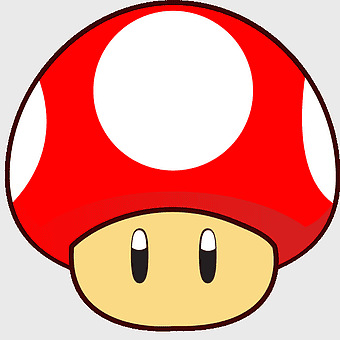 New Super Mario Bros mushroom, Mario Series red mushroom, smiley gaming character, mario power-up item, cartoon video game objects, digital art stickers, mushroom power-ups iconography