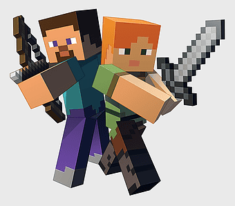 Minecraft characters, Minecraft Pocket Edition gameplay, Minecraft Story Mode adventure, Xbox 360 gaming, pixel art style, blocky character design, virtual world exploration, sandbox game mechanics