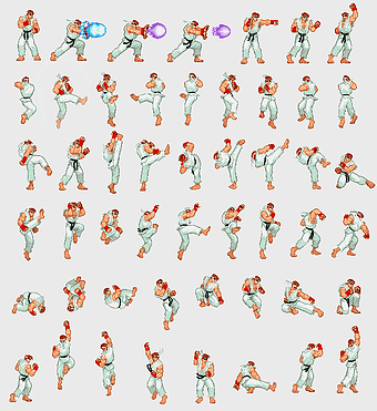 Ryu sprite, Super Nintendo Entertainment System, Street Fighter character, 2D animation, retro gaming graphics, pixel art, fighting game sprites