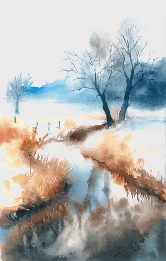 watercolor landscape painting, white leaf trees art, watercolor scenery illustration, hand-painted nature scene, winter field artwork, snowy tree landscape, rural season depiction
