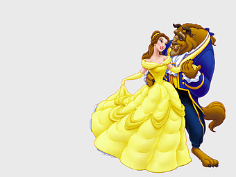 Beauty and the Beast dance, Belle Disney Princess, Beast character, enchanted romance, fairy tale illustration, magical storybook scene, classic Disney animation