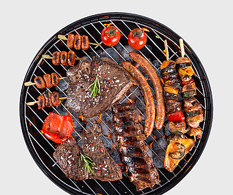 bbq, barbecue grill, grilled meats, skewered vegetables, outdoor cooking, summer cookout, grilled sausages, png