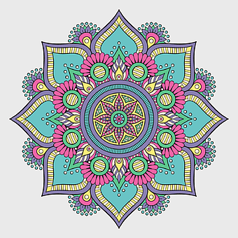 Mecca Mandala Rangoli, Islamic floral art, abstract symmetry design, multicolored mandala pattern, spiritual geometric illustration, cultural prayer motif, decorative sacred geometry