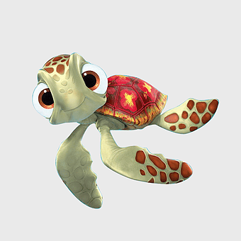 Finding Nemo sea turtle, Crush Pixar character, sea turtle plush toy, benthic fauna illustration, marine life animation, cartoon turtle art, underwater creature design