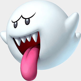 white ghost illustration, Super Mario Bros character, cartoon ghost face, boos tongue out, Mario series ghost, video game character, spooky ghost design