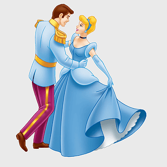Cinderella and Prince Charming illustration, Disney Princess Cinderella, electric blue dress, cartoon fairy tale characters, royal ball dance scene, enchanted romance, classic Disney animation