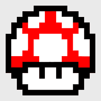 8-bit Super Mario Mushroom, red and white Mario power-up, Super Mario Bros. pixel art, Mario Bros. 1-up mushroom, retro gaming icon, pixelated mushroom illustration, classic Nintendo power-up