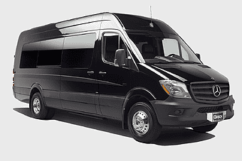 black Mercedes-Benz Sprinter, luxury van transportation, Mercedes-Benz commercial vehicle, party bus rental, executive shuttle service, corporate transport solutions, premium passenger van
