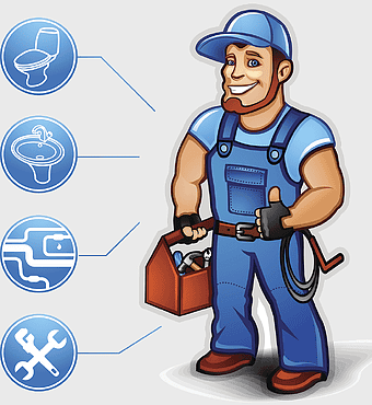 cartoon plumber illustration, professional home repair services, water pipe maintenance worker, toolbox and tools for plumbing, handyman service icon, residential plumbing solutions, skilled tradesman graphic