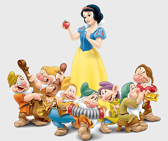 Snow White and the Seven Dwarfs, Disney cartoon characters, Bashful and Dopey, evil queen story, fairy tale princess, classic animated movie, musical dwarfs performance