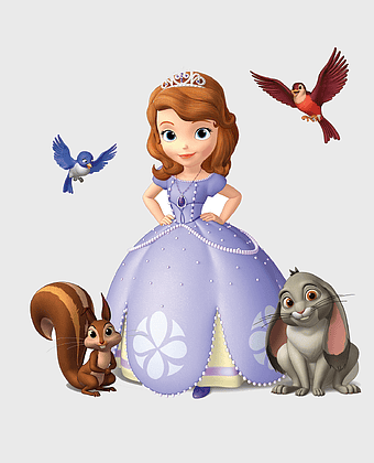 Sofia the First, Disney Junior Princess, cartoon character, fairy tale animation, enchanted forest creatures, magical kingdom adventures, royal animal companions
