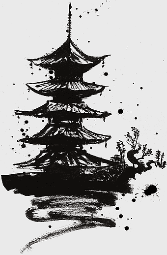 black temple illustration, monochrome japanese architecture, ink wash painting, ancient japan design, traditional pagoda art, minimalist temple sketch, cultural heritage depiction
