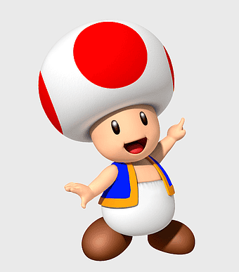 Toad character illustration, Super Mario Bros. Toad, Mario Party 9 Toad, Nintendo video game character, mushroom-themed mascot, playful cartoon figure, iconic gaming icon