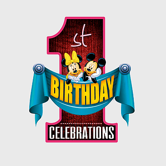 1st birthday celebrations, Minnie and Mickey Mouse, birthday logo banner, high-definition birthday design, festive cartoon characters, celebratory party theme, milestone celebration art