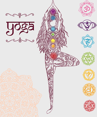 yoga pose illustration, mandala chakra drawing, long curly hair woman, balance meditation art, spiritual wellness, artistic yoga silhouette, colorful chakra design
