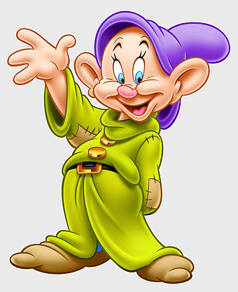 Dopey Seven Dwarfs, Snow White cartoon character, Walt Disney Animation Studios art, Snow White and the Seven Dwarfs film, cheerful dwarf illustration, classic Disney animation, mythical creature fantasy art