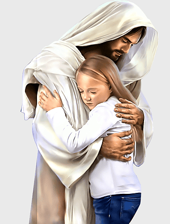 Jesus Christ hugging child, First Epistle to Timothy illustration, holy face of Jesus, depiction of Jesus with girl, divine embrace, spiritual connection, religious art
