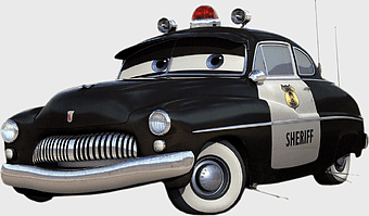 Sheriff Cars character, Disney Pixar film cars, classic car design, automotive exterior design, cartoon police car, animated vehicle art, movie character illustration