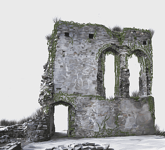wrecked gray concrete wall, Ruins Building Rendering, medieval Architecture, historic Site, ancient stone structure, Gothic ruins, architectural decay visualization