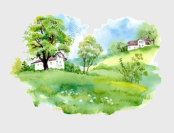 watercolor landscape painting, rural scene illustration, green meadow art, countryside watercolor, pastoral scenery, natural habitat depiction, serene environment artwork